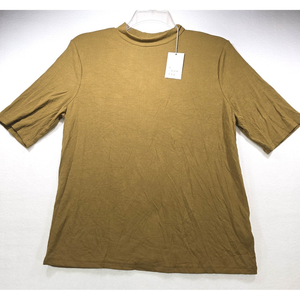 A New Day Women XXL Olive Green Ribbed Mock Neck Elbow Sleeve Top NWT